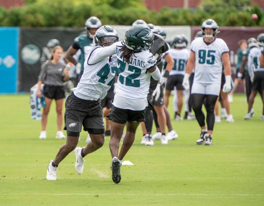 July 30, 2026, Philadelphia, Pennsylvania, United States: Philadelphia Eagles CB MAC MCWILLIAMS (22) and LB SMAEL MONDON (42) in action during the Eagles training camp held at the Jefferson Health Complex in Philadelphia Pa NFL, American Football Herren, USA 2026: Eagles Training Camp  - ZUMArf1_ 20260730_zaf_rf1_016 Copyright: xRickyxFitchettx