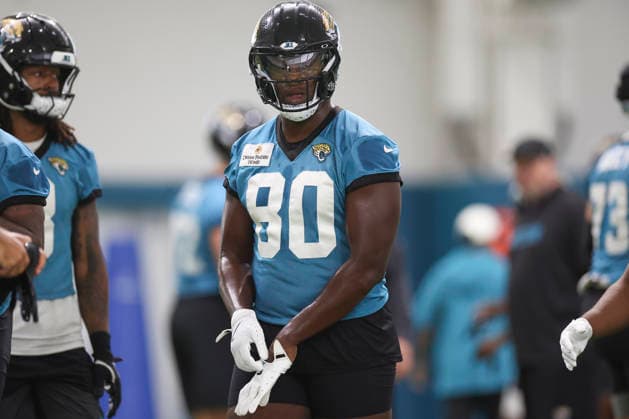 JACKSONVILLE, FL - JULY 30: Jacksonville Jaguars tight end Quintin Morris (80) during training camp on July 30, 2026 at the Miller Electric Center in Jacksonville, Fl. (Photo by David Rosenblum Icon Sportswire) NFL, American Football Herren, USA JUL 30 Jaguars Training Camp EDITORIAL USE ONLY Icon260730225847