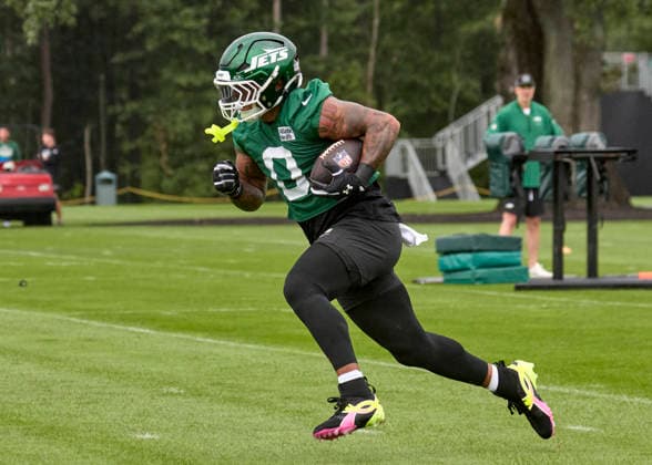 New York Jet running back Braelon Thomas (0) during training camp at the Atlantic Health Jets Training Center, Florham Park, New Jersey. CSM NFL, American Football Herren, USA 2026: NY Jets Training Camp JUL 30  - ZUMAc04_ 20260730_zma_c04_017 Copyright: xDuncanxWilliamsx
