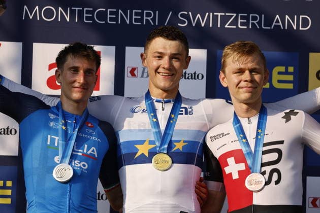 30.07.2026, Monteceneri, Monte Ceneri, 2026 UEC MTB European Championship, EM, Europameisterschaft XCC Men Elite™s Final (cross country short track) Juri Zanotti 9 (ITA) 2nd place and silver medal, Charlie Aldridge 2 (GBR) 1st place, European Champion and gold medal and Dario Lillo 4 (SUI) 3rd place and bronze medal Monteceneri Monte Ceneri Ticino Switzerland *** July 30, 2026, Monteceneri, Monte Ceneri, 2026 UEC MTB European Championship XCC Men s Elite™ Final, Cross-Country Short Track: Juri Zanotti (9, ITA) – 2nd place and silver medal, Charlie Aldridge 2 GBR 1st place, European Champion, and gold medal; and Dario Lillo 4 SUI 3rd place and bronze medal; Monteceneri, Monte Ceneri, Ticino, Switzerland Copyright: xJustPictures.ch FrancescoxMinghettix jp-en-FrMi-_NG_0310