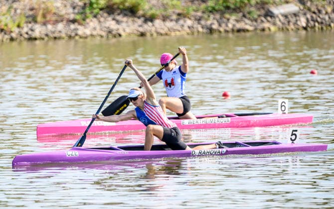 Czech Championships in Racice, July 30, 2026. C1 500 m Women category. Denisa Rahova, front, and Ema Wertheimerova. (CTKxPhoto OndrejxHajek) CTKPhotoP2026073006929  CTKPhotoP2026073006929