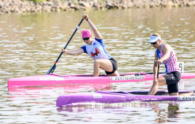 Czech Championships in Racice, July 30, 2026. C1 500 m Women category. Ema Wertheimerova, left, and Denisa Rahova. (CTKxPhoto OndrejxHajek) CTKPhotoP2026073007205  CTKPhotoP2026073007205