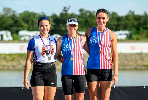 Czech Championships in Racice, July 30, 2026. C1 500 m Women category. From left the second placed Ema Wertheimerova, winner Denisa Rahova and the third placed Kamila Simova. (CTKxPhoto OndrejxHajek) CTKPhotoP2026073007211  CTKPhotoP2026073007211