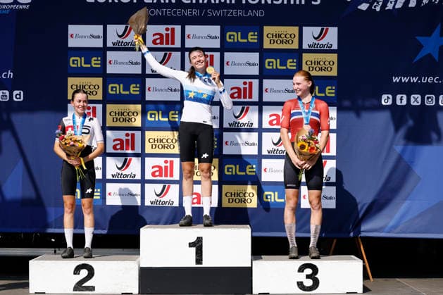30.07.2026, Monteceneri, Monte Ceneri, 2026 UEC MTB European Championship, EM, Europameisterschaft XCC Women U23 s Final (cross country short track) Elina Benoit 6 (SUI) 2nd place and silver medal, Lea Huber 16 (SUI) 1st place, European Champion and gold medal and Lisa Kristine Jorde 3 (NOR) 3rd place and bronze medal Monteceneri Monte Ceneri Ticino Switzerland *** July 30, 2026, Monteceneri, Monte Ceneri, 2026 UEC MTB European Championship XCC Women U23 Final, cross-country short track: Elina Benoit 6 SUI, 2nd place and silver medal, Lea Huber 16 SUI 1st place, European Champion, and gold medal; and Lisa Kristine Jorde 3 NOR 3rd place and bronze medal; Monteceneri, Monte Ceneri, Ticino, Switzerland Copyright: xJustPictures.ch FrancescoxMinghettix jp-en-FrMi-_NG_1672