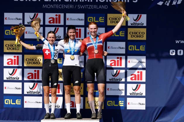 30.07.2026, Monteceneri, Monte Ceneri, 2026 UEC MTB European Championship, EM, Europameisterschaft XCC Women U23 s Final (cross country short track) Elina Benoit 6 (SUI) 2nd place and silver medal, Lea Huber 16 (SUI) 1st place, European Champion and gold medal and Lisa Kristine Jorde 3 (NOR) 3rd place and bronze medal Monteceneri Monte Ceneri Ticino Switzerland *** July 30, 2026, Monteceneri, Monte Ceneri, 2026 UEC MTB European Championship XCC Women U23 Final, cross-country short track: Elina Benoit 6 SUI, 2nd place and silver medal, Lea Huber 16 SUI 1st place, European Champion, and gold medal; and Lisa Kristine Jorde 3 NOR 3rd place and bronze medal; Monteceneri, Monte Ceneri, Ticino, Switzerland Copyright: xJustPictures.ch FrancescoxMinghettix jp-en-FrMi-_NG_1712