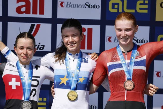 30.07.2026, Monteceneri, Monte Ceneri, 2026 UEC MTB European Championship, EM, Europameisterschaft XCC Women U23 s Final (cross country short track) Elina Benoit 6 (SUI) 2nd place and silver medal, Lea Huber 16 (SUI) 1st place, European Champion and gold medal and Lisa Kristine Jorde 3 (NOR) 3rd place and bronze medal Monteceneri Monte Ceneri Ticino Switzerland *** July 30, 2026, Monteceneri, Monte Ceneri, 2026 UEC MTB European Championship XCC Women U23 Final, cross-country short track: Elina Benoit 6 SUI, 2nd place and silver medal, Lea Huber 16 SUI 1st place, European Champion, and gold medal; and Lisa Kristine Jorde 3 NOR 3rd place and bronze medal; Monteceneri, Monte Ceneri, Ticino, Switzerland Copyright: xJustPictures.ch FrancescoxMinghettix jp-en-FrMi-_NG_1720