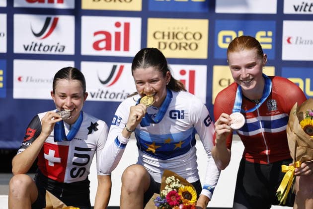30.07.2026, Monteceneri, Monte Ceneri, 2026 UEC MTB European Championship, EM, Europameisterschaft XCC Women U23 s Final (cross country short track) Elina Benoit 6 (SUI) 2nd place and silver medal, Lea Huber 16 (SUI) 1st place, European Champion and gold medal and Lisa Kristine Jorde 3 (NOR) 3rd place and bronze medal Monteceneri Monte Ceneri Ticino Switzerland *** July 30, 2026, Monteceneri, Monte Ceneri, 2026 UEC MTB European Championship XCC Women U23 Final, cross-country short track: Elina Benoit 6 SUI, 2nd place and silver medal, Lea Huber 16 SUI 1st place, European Champion, and gold medal; and Lisa Kristine Jorde 3 NOR 3rd place and bronze medal; Monteceneri, Monte Ceneri, Ticino, Switzerland Copyright: xJustPictures.ch FrancescoxMinghettix jp-en-FrMi-_NG_1741