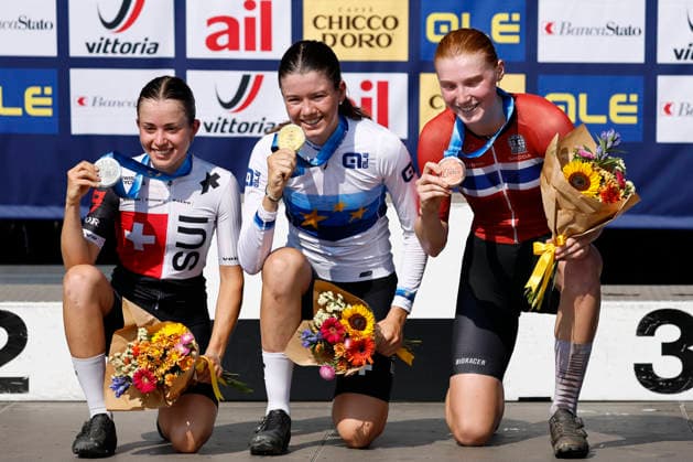 30.07.2026, Monteceneri, Monte Ceneri, 2026 UEC MTB European Championship, EM, Europameisterschaft XCC Women U23 s Final (cross country short track) Elina Benoit 6 (SUI) 2nd place and silver medal, Lea Huber 16 (SUI) 1st place, European Champion and gold medal and Lisa Kristine Jorde 3 (NOR) 3rd place and bronze medal Monteceneri Monte Ceneri Ticino Switzerland *** July 30, 2026, Monteceneri, Monte Ceneri, 2026 UEC MTB European Championship XCC Women U23 Final, cross-country short track: Elina Benoit 6 SUI, 2nd place and silver medal, Lea Huber 16 SUI 1st place, European Champion, and gold medal; and Lisa Kristine Jorde 3 NOR 3rd place and bronze medal; Monteceneri, Monte Ceneri, Ticino, Switzerland Copyright: xJustPictures.ch FrancescoxMinghettix jp-en-FrMi-_NG_1754