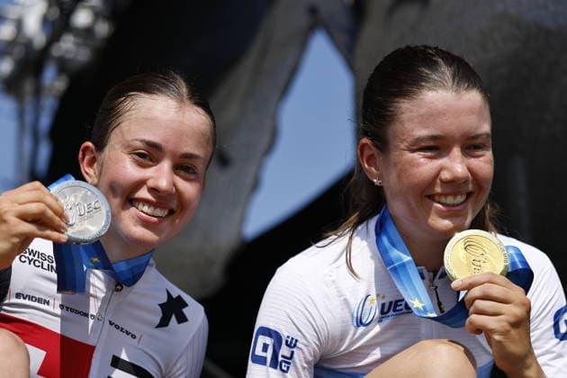 30.07.2026, Monteceneri, Monte Ceneri, 2026 UEC MTB European Championship, EM, Europameisterschaft XCC Women U23 s Final (cross country short track) Lea Huber 16 (SUI) 1st place, European Champion and gold medal and Elina Benoit 6 (SUI) 2nd place and silver medal enjoying the victory Monteceneri Monte Ceneri Ticino Switzerland *** July 30, 2026, Monteceneri, Monte Ceneri, 2026 UEC MTB European Championship XCC Women U23 Final, cross-country short track: Lea Huber (16, SUI) took 1st place, becoming European Champion and winning the gold medal, while Elina Benoit (6, SUI) took 2nd place and the silver medal, both celebrating their victories in Monteceneri, Monte Ceneri, Ticino, Switzerland Copyright: xJustPictures.ch FrancescoxMinghettix jp-en-FrMi-_NG_1807