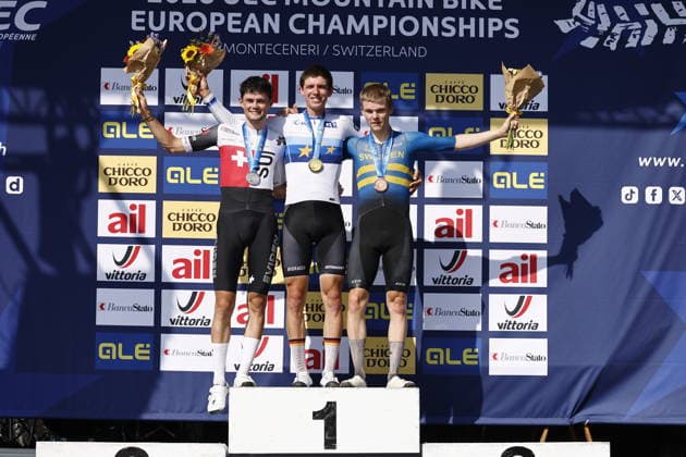 30.07.2026, Monteceneri, Monte Ceneri, 2026 UEC MTB European Championship, EM, Europameisterschaft XCC Men U23 s Final (cross country short track) Nicolas Halter 4 (SUI) 2nd place and silver medal, Paul Schehl 2 (GER) 1st place, European Champion and gold medal and Leo Lounela 8 (SWE) 3rd place and bronze medal Monteceneri Monte Ceneri Ticino Switzerland *** July 30, 2026, Monteceneri, Monte Ceneri, 2026 UEC MTB European Championship XCC Men’s U23 Final, cross-country short track: Nicolas Halter (4 SUI) – 2nd place and silver medal, Paul Schehl 2 GER 1st place, European Champion, and gold medal; and Leo Lounela 8 SWE 3rd place and bronze medal; Monteceneri, Monte Ceneri, Ticino, Switzerland Copyright: xJustPictures.ch FrancescoxMinghettix jp-en-FrMi-_NG_2079