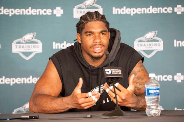 July 30, 2026, Philadelphia, Pennsylvania, United States: Philadelphia Eagles LB JIHAAD CAMPBELL (11) speaks to the media at the Eagles training camp held at the Jefferson Health Complex in Philadelphia Pa Philadelphia United States - ZUMArf1_ 20260730_zaf_rf1_031 Copyright: xRickyxFitchettx