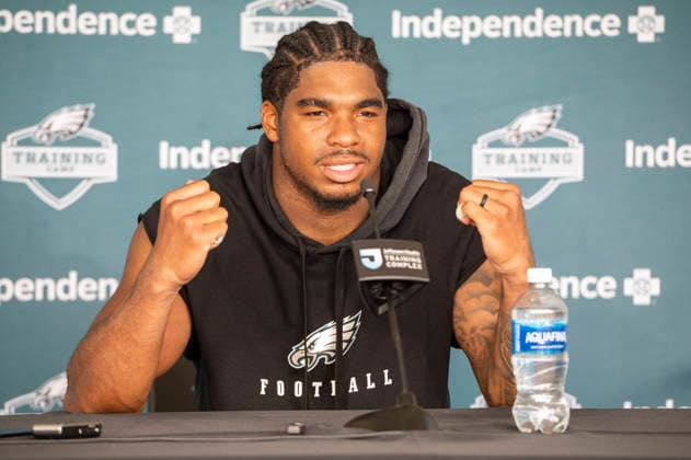 July 30, 2026, Philadelphia, Pennsylvania, United States: Philadelphia Eagles LB JIHAAD CAMPBELL (11) speaks to the media at the Eagles training camp held at the Jefferson Health Complex in Philadelphia Pa Philadelphia United States - ZUMArf1_ 20260730_zaf_rf1_033 Copyright: xRickyxFitchettx