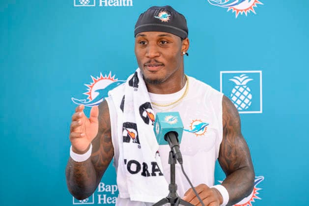 MIAMI GARDENS, FL - JULY 30: Miami Dolphins wide receiver Malik Washington smiles as he speaks with the media during the Miami Dolphins Training Camp on July 30, 2026, at the Baptist Health Training Complex in Miami Gardens, FL. (Photo by Doug Murray Icon Sportswire) NFL, American Football Herren, USA JUL 30 Dolphins Training Camp EDITORIAL USE ONLY Icon796260730100