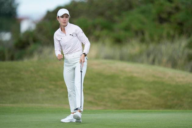 LYTHAM, ENGLAND - JULY 30: Chiara Tamburlini (CHE) celebrates holing a putt on the seventeenth green during Round 1 at the 50th AIG Women™s Open Championship at the Royal Lytham and St Anne™s Golf Club, Lytham on July 30, 2026 in Lancashire, England The 50th AIG Women™s Open Championship