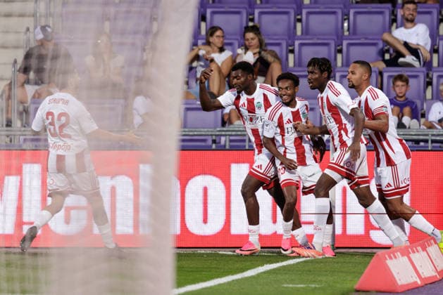 SOCCER - UEFA ECL, A.Wien vs Liepaja VIENNA,AUSTRIA,30.JUL.26 - SOCCER - UEFA Conference League, qualification, Austria Wien vs FK Liepaja. Image shows the rejoicing of Liepaja with Amar Haidara (Liepaja).  GEPAxpictures xArminxRauthner