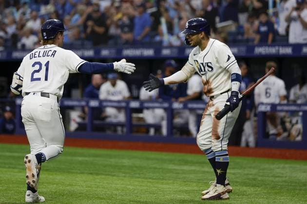 July 30, 2026, St. Petersburg, Florida, USA: Tampa Bay Rays right fielder Jonny DeLuca (21) is congratulated by right fielder Victor Mesa Jr. (25) after homering against the Texas Rangers during the sixth inning on Thursday, July 30, 2026 in St. Petersburg. Florida News - July 30, 2026  - ZUMAs70_ 0863053096st Copyright: xLuisxSantanax