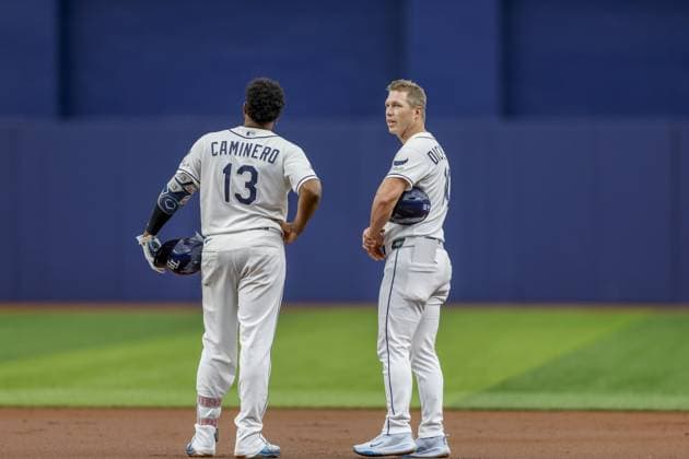 July 30, 2026, St. Petersburg, Florida, USA: Tampa Bay Rays third baseman Junior Caminero (13) and first base coach Corey Dickerson (10) watches the replay after challenging a deep ball but the call stood as an out during the first inning against the Texas Rangers on Thursday, July 30, 2026 in St. Petersburg. Florida News - July 30, 2026  - ZUMAs70_ 0863053265st Copyright: xLuisxSantanax