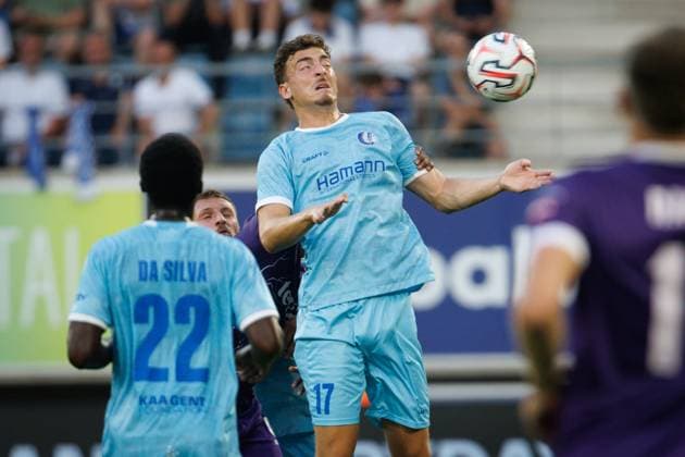 Gent s Mathias Delorge pictured in action during a soccer game between Belgian KAA Gent and Ukrainian FC LNZ Cherkasy, Thursday 30 July 2026 in Gent, the return leg of the second qualifying round for the UEFA Conference League. The first leg ended in a 0-0 draw. KURTxDESPLENTER  x182423035x