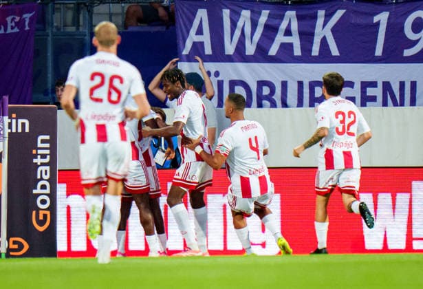 SOCCER - UEFA ECL, A.Wien vs Liepaja VIENNA,AUSTRIA,30.JUL.26 - SOCCER - UEFA Conference League, qualification, Austria Wien vs FK Liepaja. Image shows the rejoicing of Liepaja.  GEPAxpictures xEdgarxEisner