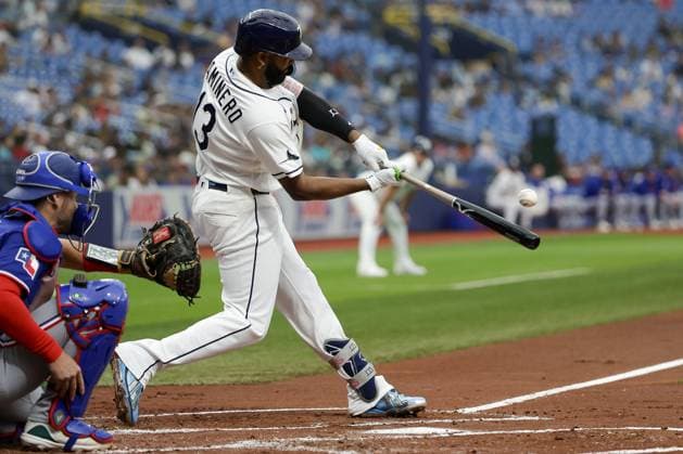 July 30, 2026, St. Petersburg, Florida, USA: Tampa Bay Rays third baseman Junior Caminero (13) hits a deep ball that is challenged but the call stood as an out during the first inning against the Texas Rangers on Thursday, July 30, 2026 in St. Petersburg. St. Petersburg USA - ZUMAs70_ 0863053674st Copyright: xLuisxSantanax