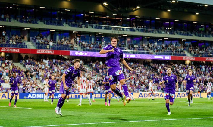 SOCCER - UEFA ECL, A.Wien vs Liepaja VIENNA,AUSTRIA,30.JUL.26 - SOCCER - UEFA Conference League, qualification, Austria Wien vs FK Liepaja. Image shows the rejoicing of A.Wien.  GEPAxpictures xEdgarxEisner