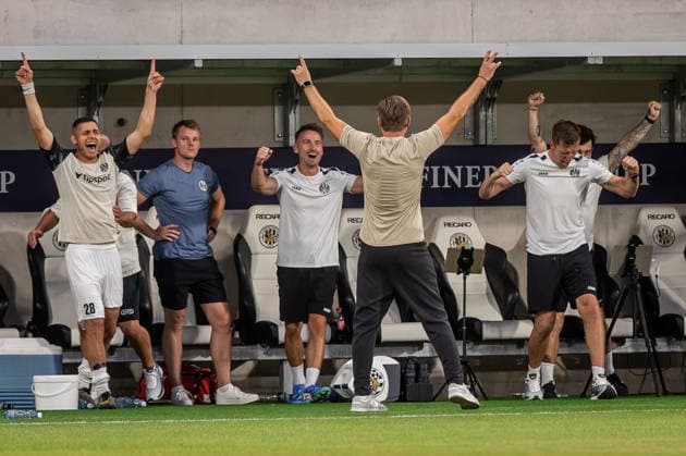 HRADEC KRALOVE - TROMSO Head coach of Hradec David Horejs celebrates after final whistle during the second leg of second qualifying round of UEFA Europa league football match between FC Hradec Kralove and Tromso IL at the Malsovicka Arena Stadium. Hradec Kralove, Czechia, July 30, 2026. Photo by Branislav Racko Copyright: xx 080A9106