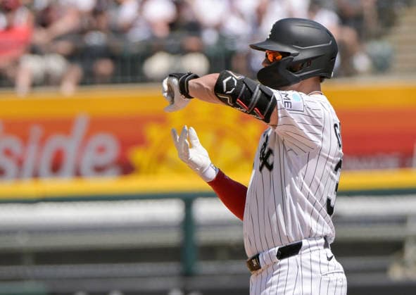 Chicago White Sox Randal Grichuk (34) celebrates his double in the first inning against the New York Yankees at Rate Field in Chicago, IL on Thursday, July 30, 2026.  CHI20260730107 MARKxBLACK