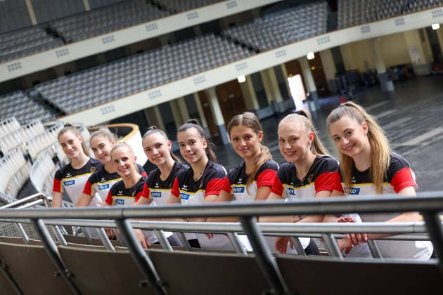 Frankfurt am Main, July 30, 2026: Team Germany from left Darja Varfolomeev (TSV Schmiden), Anna-Maria Shatokhin (TSV Schmiden), Anja Kosan (SC Siemensstadt), Helena Ripken (VfL Zehlendorf),Alisa Datsenko (TSV Schmiden), Anastasia Simakova (TSV Schmiden), Alina Ott (TSV Nürnberg 1846) and Lada Pusch (TSV Schmiden) during a media day from Deutscher Turner-Bund (DTB) ahead of the Rhythmic gymnastics, Rhythmische Sportgymnastik, RSG World Championships at Festhalle Frankfurt (Aug. 12 16.2026) *** Frankfurt am Main, July 30, 2026 Team Germany, from left: Darja Varfolomeev (TSV Schmiden), Anna Maria Shatokhin (TSV Schmiden), Anja Kosan (SC Siemensstadt), Helena Ripken (VfL Zehlendorf), Alisa Datsenko (TSV Schmiden), Anastasia Simakova (TSV Schmiden), Alina Ott (TSV Nürnberg 1846), and Lada Pusch (TSV Schmiden) during a media day hosted by the German Gymnastics Federation (DTB) ahead of the Rhythmic Gymnastics World Championships at the Festhalle Frankfurt on August 12–16, 2026 Copyright: HMBxMedia JoaquimxFerreira
