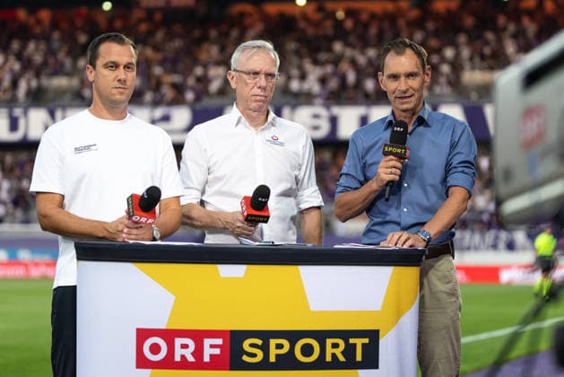 SOCCER - UEFA ECL, A.Wien vs Liepaja VIENNA,AUSTRIA,30.JUL.26 - SOCCER - UEFA Conference League, qualification, Austria Wien vs FK Liepaja. Image shows Michael Liendl, Peter Stoeger and Christian Diendorfer (ORF).  GEPAxpictures xArminxRauthner