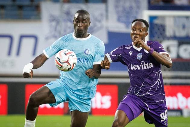 Gent s Bi Christ Goore and Cherkasy s Cody David fight for the ball during a soccer game between Belgian KAA Gent and Ukrainian FC LNZ Cherkasy, Thursday 30 July 2026 in Gent, the return leg of the second qualifying round for the UEFA Conference League. The first leg ended in a 0-0 draw. KURTxDESPLENTER  x182425268x