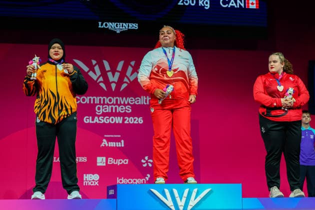 RECORD DATE NOT STATED 30th July 2026; Glasgow, Scotland; 2026 Commonwealth Games, Day Eight; Womens +86kg Weightlifting, gold medallist Emily Campbell (ENG) , silver medallist, Siti Aqilah Farhana Draman (MAS) , bronze medallist Etta Mae Love (CAN) RogerxEvans