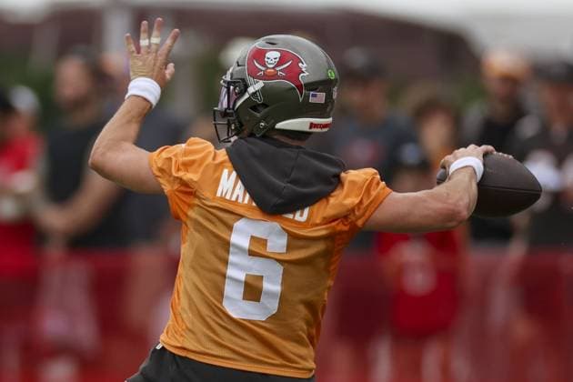 July 30, 2026, Tampa, Florida, USA: Tampa Bay Buccaneers 2026-2027 quarterback Baker Mayfield (6) throws a pass at training camp. Florida News - July 30, 2026  - ZUMAp_bu 0863058056st Copyright: xHannahxWallsx