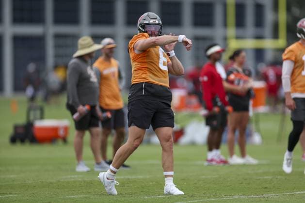 July 30, 2026, Tampa, Florida, USA: Tampa Bay Buccaneers 2026-2027 quarterback Baker Mayfield (6) throws a pass at training camp. Tampa USA - ZUMAp_bu 0863058055st Copyright: xHannahxWallsx