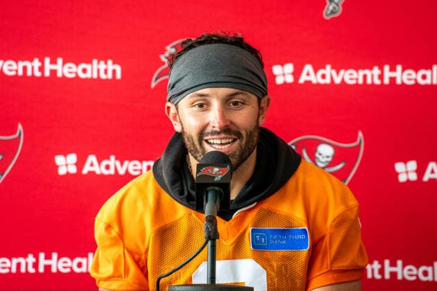 July 30, 2026, Tampa, Florida, U.S.A: Tampa Bay Buccaneers quarterback Baker Mayfield talks to reporters after training camp practice at the AdventHealth Training Center in Tampa, Florida. Tampa U.S.A - ZUMAc282 20260730_zsp_c282_016 Copyright: xJustinxColenx
