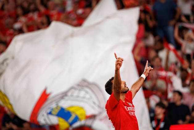 Vangelis Pavlidis seen celebrating after scoring goal during UEFA Europa League qualifying game between teams of SL Benfica and St. Gallen (Maciej Rogowski Ball Raw Images PT) Lisbon Estadio Da Luz Portugal Copyright: xMaciejxRogowskix maciejrogowski_slbenfica_stgallen_2627-16