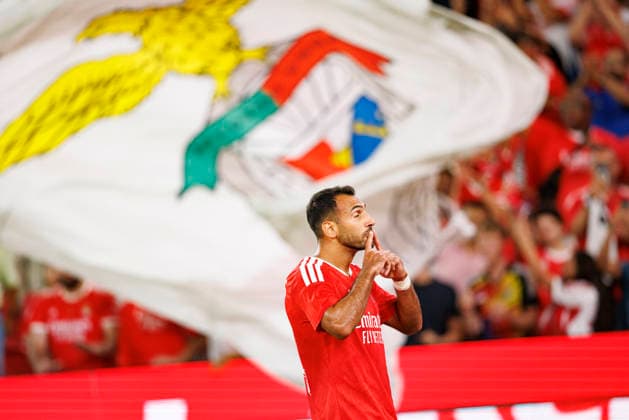 Vangelis Pavlidis seen celebrating after scoring goal during UEFA Europa League qualifying game between teams of SL Benfica and St. Gallen (Maciej Rogowski Ball Raw Images PT) Lisbon Estadio Da Luz Portugal Copyright: xMaciejxRogowskix maciejrogowski_slbenfica_stgallen_2627-14