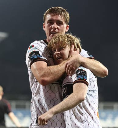 UEFA Europa Conference League Second Qualifying Round Second Leg, Fadil Vokrri Stadium, Pristina, Kosovo 30 7 2026 Ballkani vs Bohemians Bohemians Cian Byrne and Harry Vaughan celebrate Cian Byrne and Harry Vaughan celebrate 30 7 2026  Copyright: xNikolaxKrsticx 0NIK0792