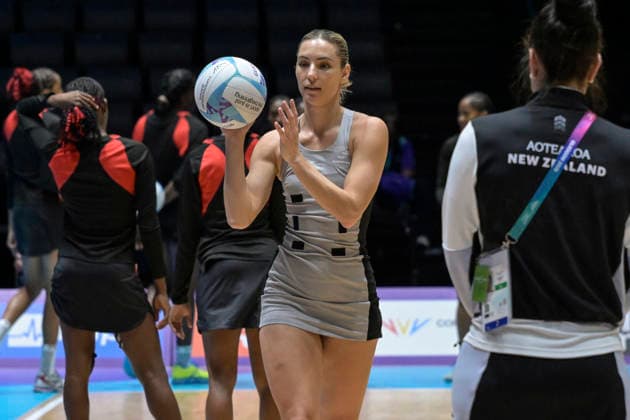 New Zealand Silver Ferns v Uganda Netball Karin Burger of New Zealand warms up, New Zealand Silver Ferns v Trinidad & Tobago, pool B netball match of the 2026 Glasgow Commonwealth Games at OVO Hydro, Glasgow, Scotland on Thursday 30 July 2026. Photo: Jayne Russell Glasgow Scotland Copyright: xx