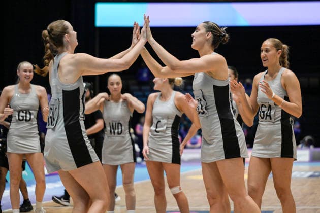 New Zealand Silver Ferns v Uganda Netball Kelly Jackson of New Zealand and Amelia Walmsley of New Zealand high five during warm ups, New Zealand Silver Ferns v Trinidad & Tobago, pool B netball match of the 2026 Glasgow Commonwealth Games at OVO Hydro, Glasgow, Scotland on Thursday 30 July 2026. Photo: Jayne Russell Glasgow Scotland Copyright: xx