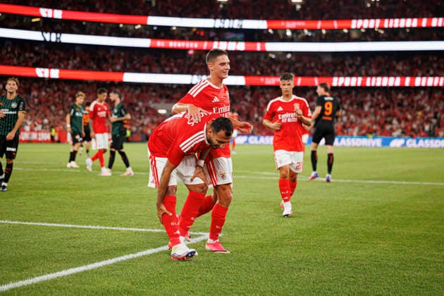 Vangelis Pavlidis seen celebrating after scoring goal during UEFA Europa League qualifying game between teams of SL Benfica and St. Gallen (Maciej Rogowski Ball Raw Images PT) Lisbon Estadio Da Luz Portugal Copyright: xMaciejxRogowskix maciejrogowski_slbenfica_stgallen_2627-9