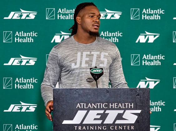 New York Jets offensive linebacker Jamien Sherwood (44) during press conference, PK, Pressekonferenz at training camp at the Atlantic Health Jets Training Center, Florham Park, New Jersey. CSM Florham Park United States - ZUMAc04_ 20260730_zma_c04_039 Copyright: xDuncanxWilliamsx