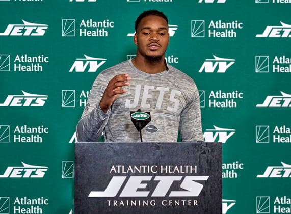 New York Jets offensive linebacker Jamien Sherwood (44) during press conference, PK, Pressekonferenz at training camp at the Atlantic Health Jets Training Center, Florham Park, New Jersey. CSM NFL, American Football Herren, USA 2026: NY Jets Training Camp JUL 30  - ZUMAc04_ 20260730_zma_c04_040 Copyright: xDuncanxWilliamsx