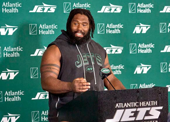 New York Jets defensive linemen Jowon Briggs (91) during press conference, PK, Pressekonferenz at training camp at the Atlantic Health Jets Training Center, Florham Park, New Jersey. CSM Florham Park United States - ZUMAc04_ 20260730_zma_c04_053 Copyright: xDuncanxWilliamsx