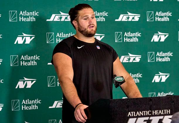 New York Jets offensive linemen Joe Tippmann (66) during press conference, PK, Pressekonferenz at training camp at the Atlantic Health Jets Training Center, Florham Park, New Jersey. CSM Florham Park United States - ZUMAc04_ 20260730_zma_c04_054 Copyright: xDuncanxWilliamsx