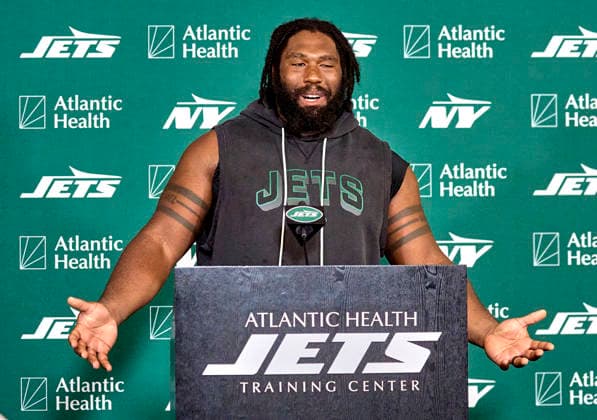 New York Jets defensive linemen Jowon Briggs (91) during press conference, PK, Pressekonferenz at training camp at the Atlantic Health Jets Training Center, Florham Park, New Jersey. CSM Florham Park United States - ZUMAc04_ 20260730_zma_c04_055 Copyright: xDuncanxWilliamsx