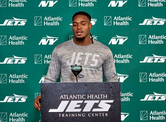 New York Jets offensive linebacker Jamien Sherwood (44) during press conference, PK, Pressekonferenz at training camp at the Atlantic Health Jets Training Center, Florham Park, New Jersey. CSM Florham Park United States - ZUMAc04_ 20260730_zma_c04_056 Copyright: xDuncanxWilliamsx
