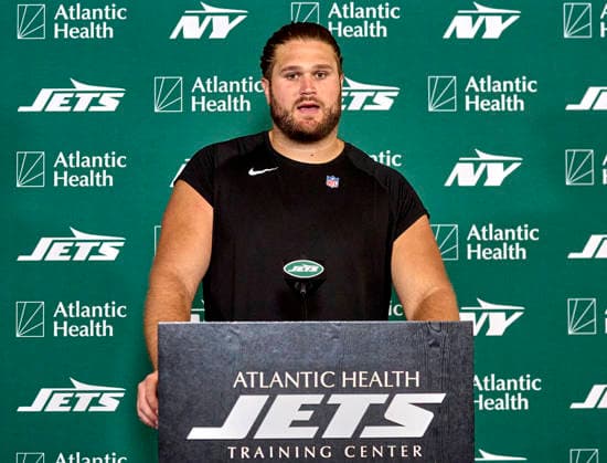 New York Jets offensive linemen Joe Tippmann (66) during press conference, PK, Pressekonferenz at training camp at the Atlantic Health Jets Training Center, Florham Park, New Jersey. CSM NFL, American Football Herren, USA 2026: NY Jets Training Camp JUL 30  - ZUMAc04_ 20260730_zma_c04_052 Copyright: xDuncanxWilliamsx