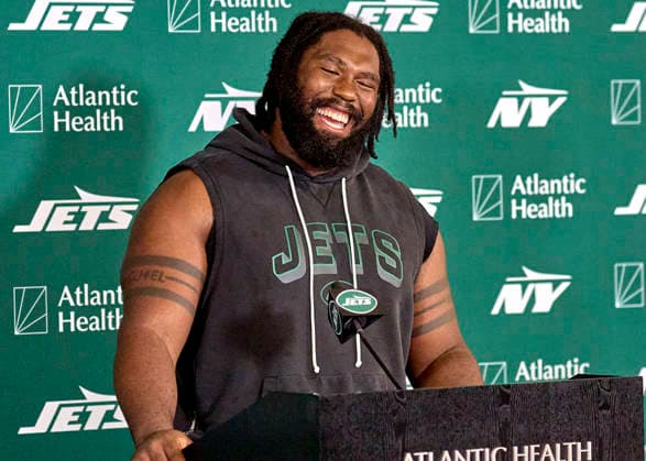 New York Jets defensive linemen Jowon Briggs (91) during press conference, PK, Pressekonferenz at training camp at the Atlantic Health Jets Training Center, Florham Park, New Jersey. CSM Florham Park United States - ZUMAc04_ 20260730_zma_c04_059 Copyright: xDuncanxWilliamsx