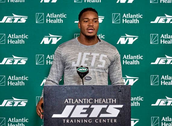New York Jets offensive linebacker Jamien Sherwood (44) during press conference, PK, Pressekonferenz at training camp at the Atlantic Health Jets Training Center, Florham Park, New Jersey. CSM NFL, American Football Herren, USA 2026: NY Jets Training Camp JUL 30  - ZUMAc04_ 20260730_zma_c04_057 Copyright: xDuncanxWilliamsx