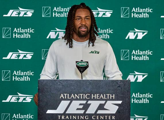 New York Jets wide receiver Omar Cooper, Jr. (83) during press conference, PK, Pressekonferenz at training camp at the Atlantic Health Jets Training Center, Florham Park, New Jersey. CSM NFL, American Football Herren, USA 2026: NY Jets Training Camp JUL 30  - ZUMAc04_ 20260730_zma_c04_060 Copyright: xDuncanxWilliamsx